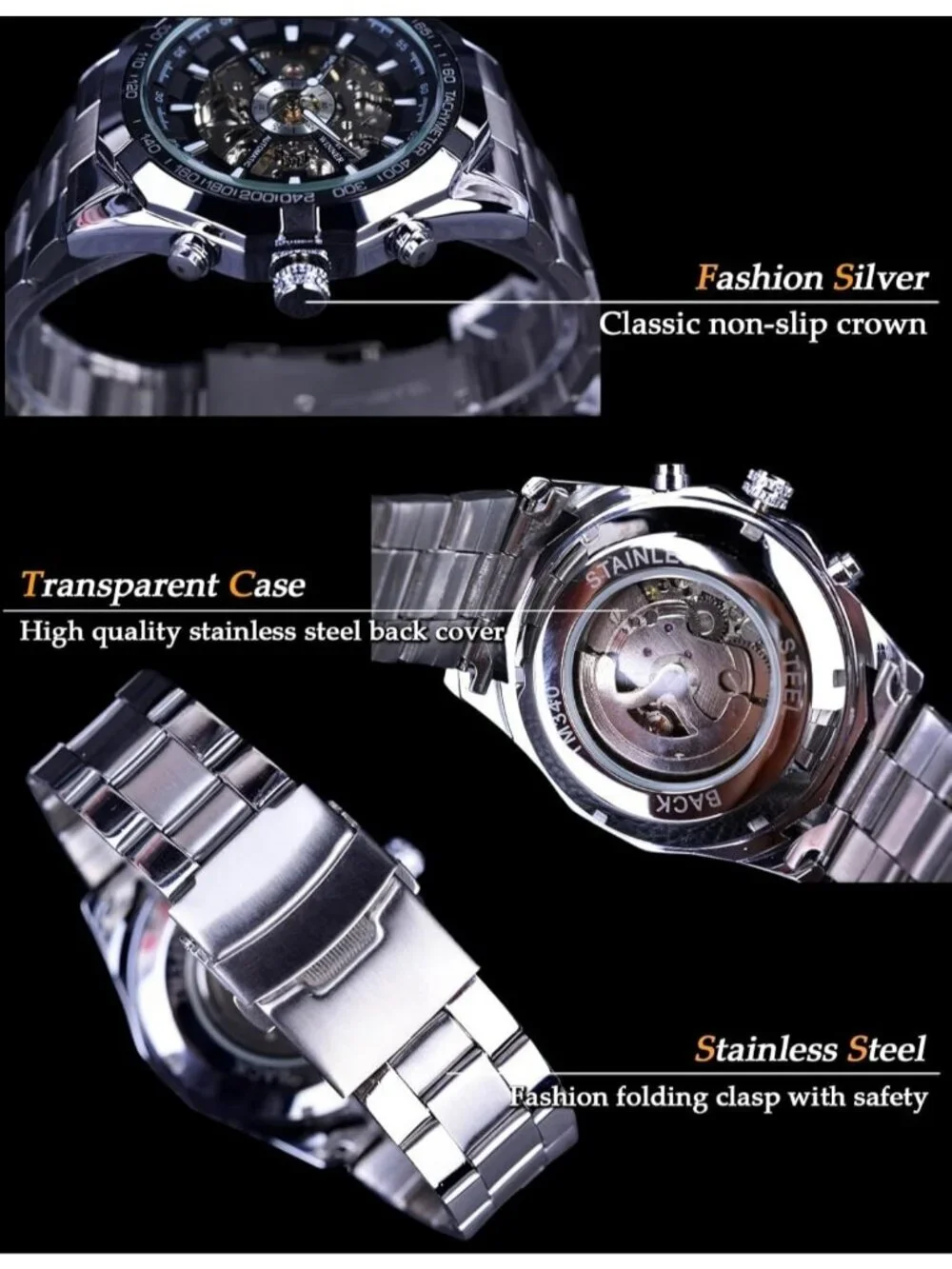 Men Silver Black Self-Wind Skeleton Hollow Out Mechanical Automatic Luxury Watch